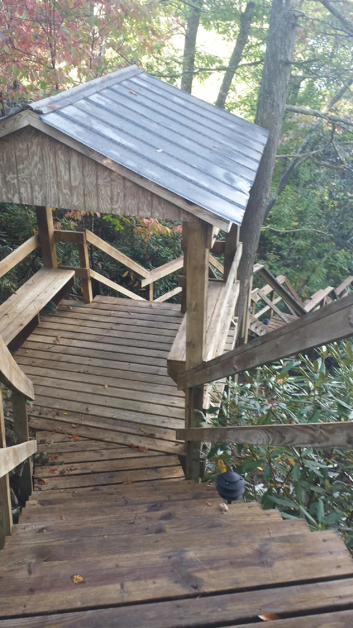 Metal roofed shelter over wooden steps on a wooded walkway — Skylight Repair & Installation work by our crew in Sanford